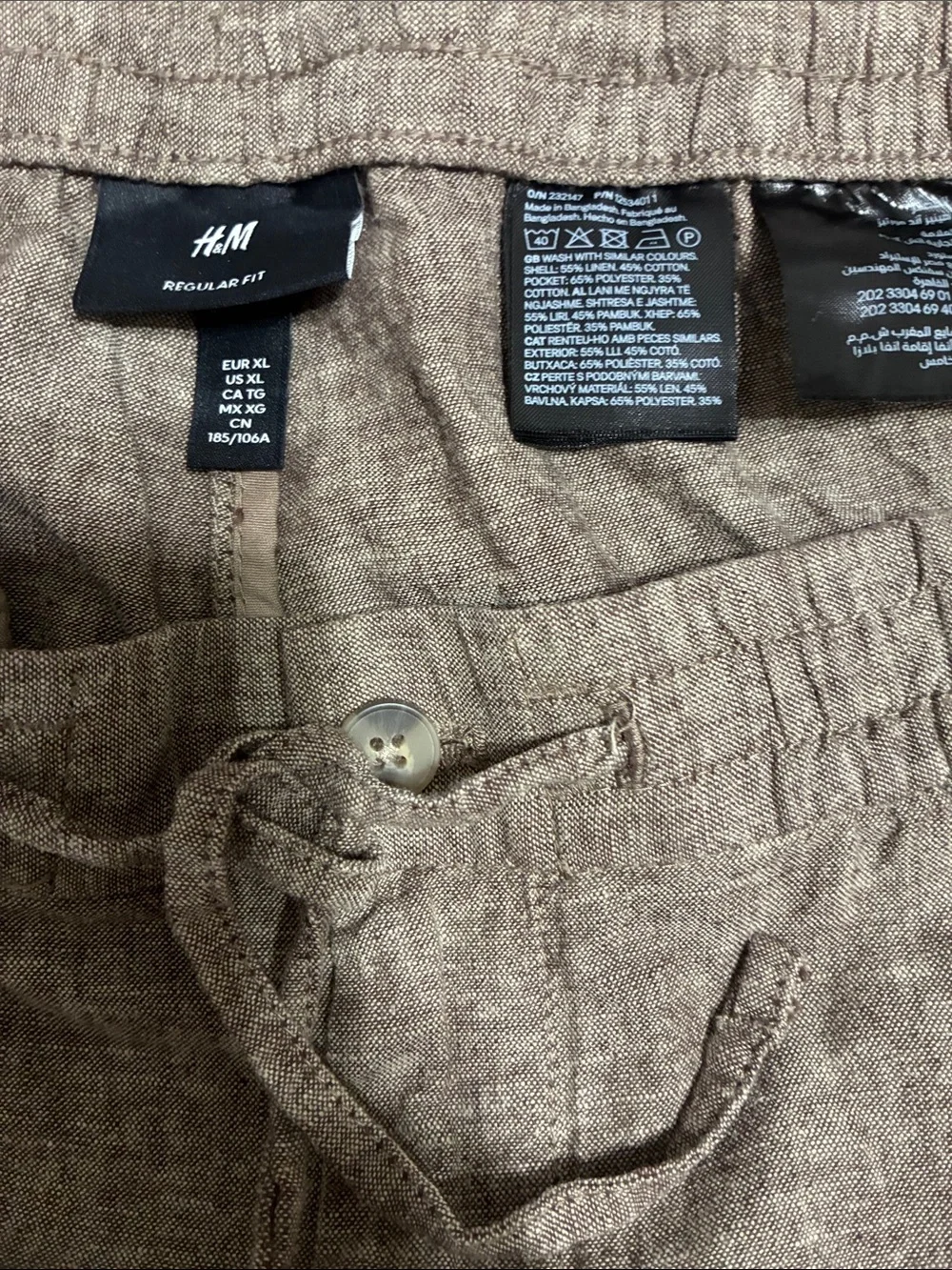 H&M Men's Regular Fit Tan/Brown Linen-Blend Chinos pants Size XL